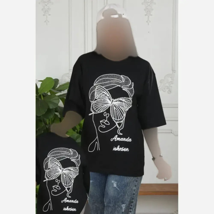 تیشرت زنانه مشکی نخ پنبه نگین مروارید فری سایز تا 48