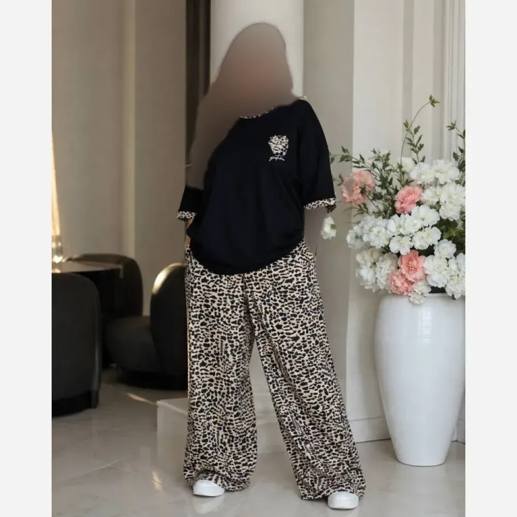 ست تیشرت و شلوار پلنگی زنانه جنس گلکسی پنبه درجه یک فری سایز