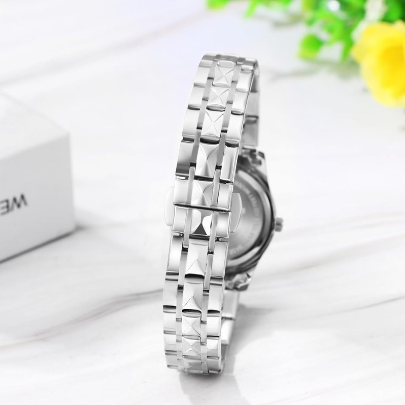 ست ساعت مچی عقربه ای کوارتز زنانه و مردانه مدل کلاسیک دی دیت بند استیل طرح تراش الماسی کد S002