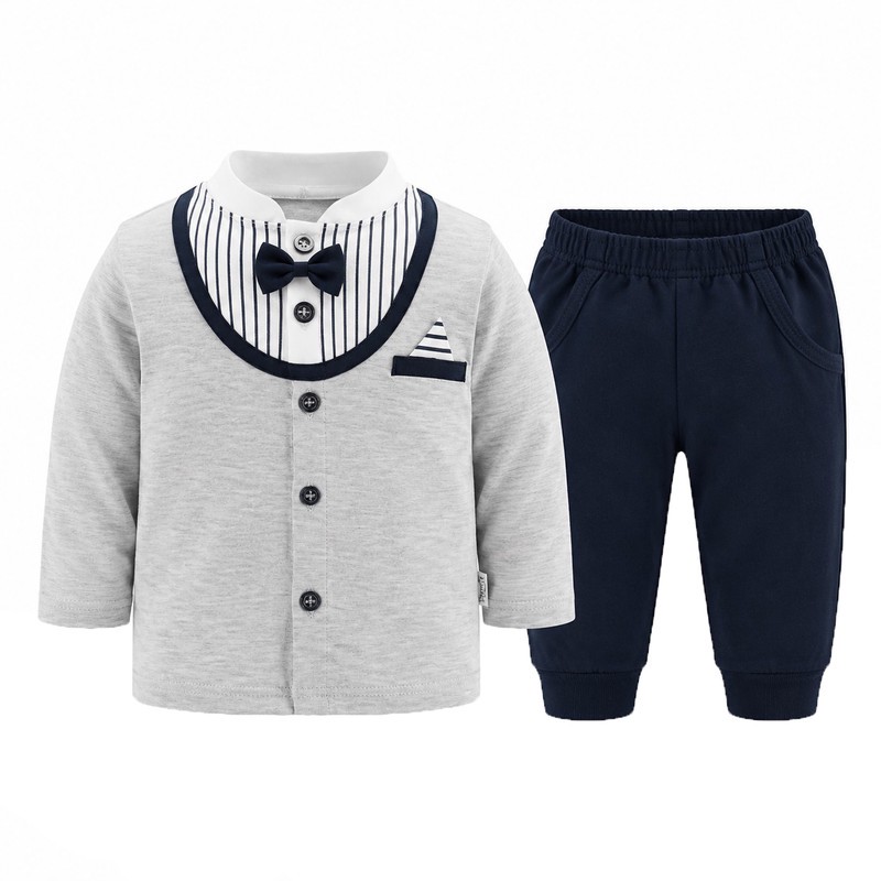 ست تی شرت و شلوار آستین بلند نوزادی پسرانه مدل مجلسی یقه پاپیون کد 152 نخ پنبه