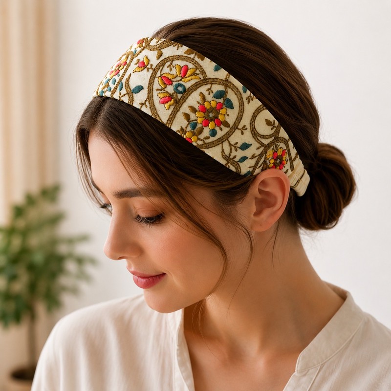 هدبند زنانه پارچه ای مدل سوزندوزی سنتی
