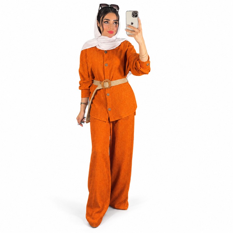 ست شومیز و شلوار زنانه 3pmode مدل کریشه کمربنددار