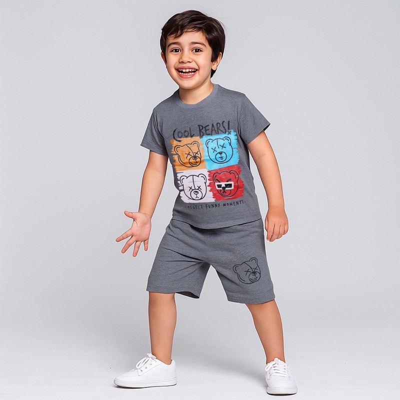 ست تی شرت آستین کوتاه و شلوارک راحتی پسرانه چیندکا مدل خرسی کد 1001