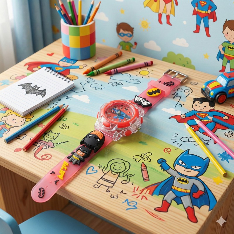 ساعت مچی عقربهای کوارتز پسرانه مدل اسپرت لوکس بند سیلیکونی چراغدار اسپینر دار طرح بتمن کد BTM003