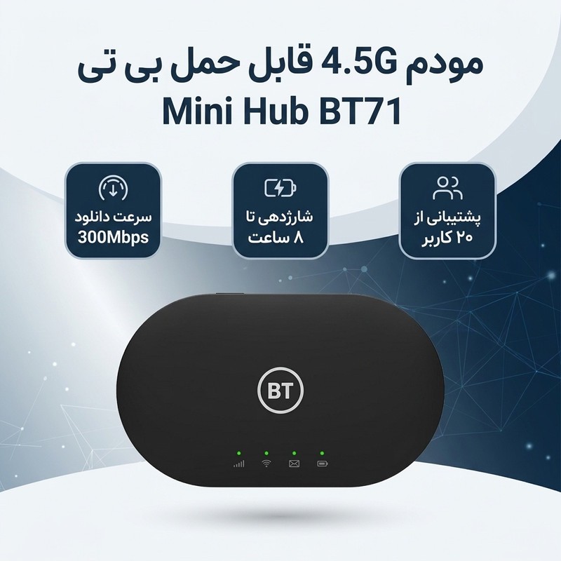 مودم 4.5G قابل حمل بی تی مدل Mini Hub BT71 با سرعت دانلود 300Mbps و آپلود 100Mbps، پشتیبانی تا 20 کاربر، باتری با شار...