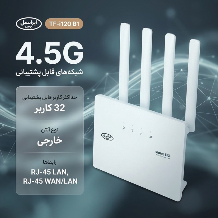 مودم روتر 4G و TD-LTE ایرانسل مدل TF-i120 B1 با پشتیبانی از 32 کاربر، اتصال از طریق سیمکارت و وایفای، آنتن خارجی و در...