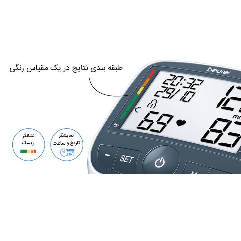 فشارسنج بازویی دیجیتال بیورر مدل BM40 با حافظه 99 رکورد، قابلیت استفاده دو کاربر، نمایش میانگین نتایج، اندازهگیری فشا...