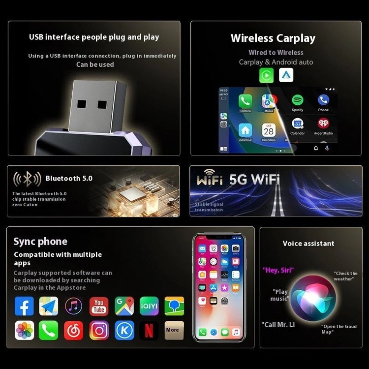 کارپلی و اندروید اتو مدل Wireless CarPlay/Android Auto Q1Y به همراه مبدل USB به USB-C