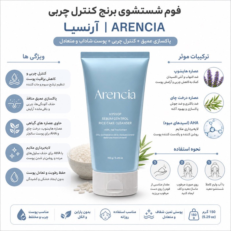 ژل شست و شو آرنسیا مدل Sebum Control Rice Cake حجم 150 میلیلیتر، مناسب استفاده روزانه، سازگار با انواع پوست