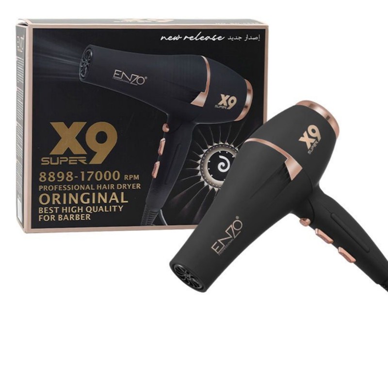 سشوار حرفهای انزو پروفیشینال مدل X9 با موتور AC 2800 وات، فناوری تولید یون، المنت سرامیکی، تنظیم دما و سرعت در 2 حالت...
