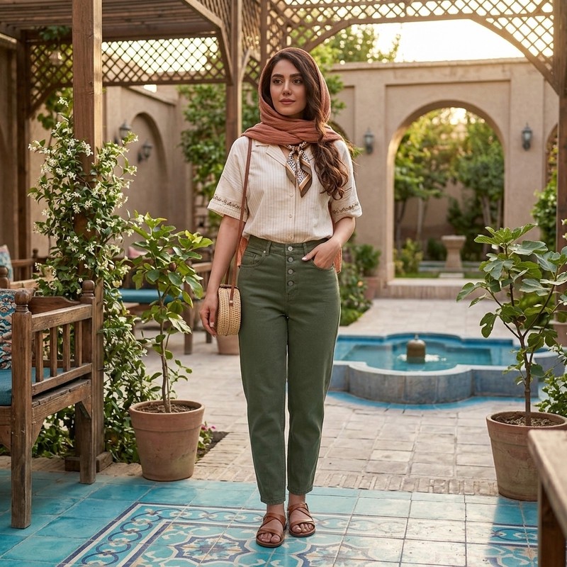 شلوار مام استایل زنانه مدل کتان دکمه Distinctive Modern