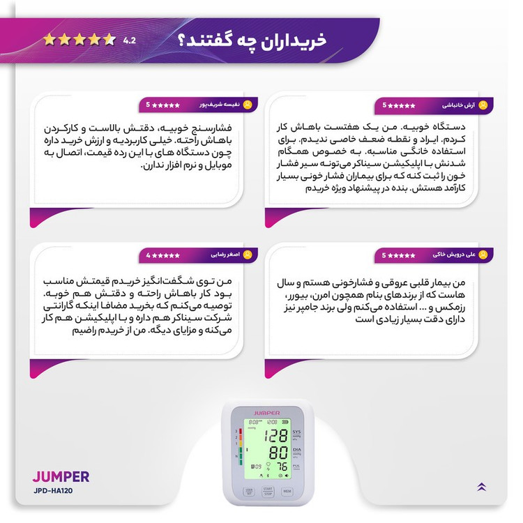 فشارسنج بازویی دیجیتال جامپر مدل JPD-HA120 با قابلیت اتصال بلوتوث، حافظه ذخیره بیش از 99 رکورد، دو پروفایل کاربر، نما...
