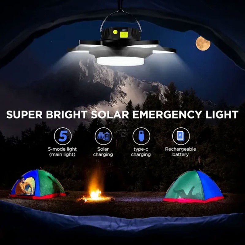 چراغ کمپینگ مدل HL-0087 با قابلیت شارژ خورشیدی و 5 پره نور مقاوم در برابر گرد و خاک و حمل آویزی