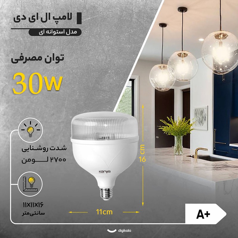 لامپ کم مصرف 30 وات کانیا مدل استوانه ای شفاف پایه E27 بسته 5 عددی