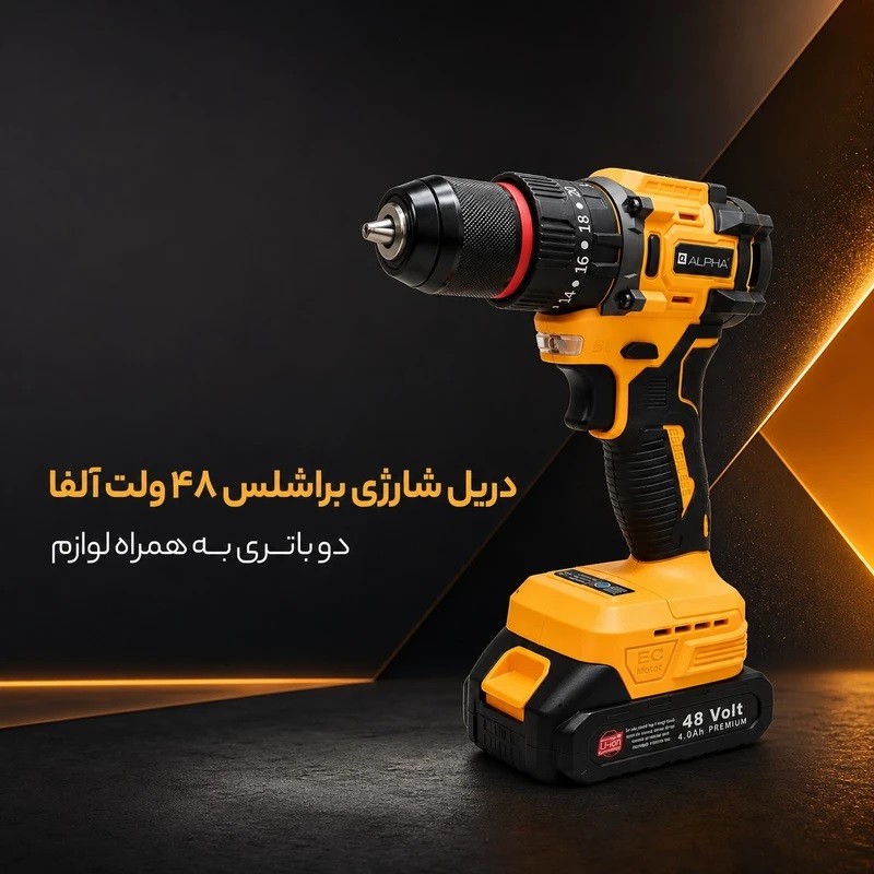دریل پیچ گوشتی شارژی براشلس چکشی 10 میلیمتری 48 ولت آلفا مدل 48v مجموعه 28 عددی