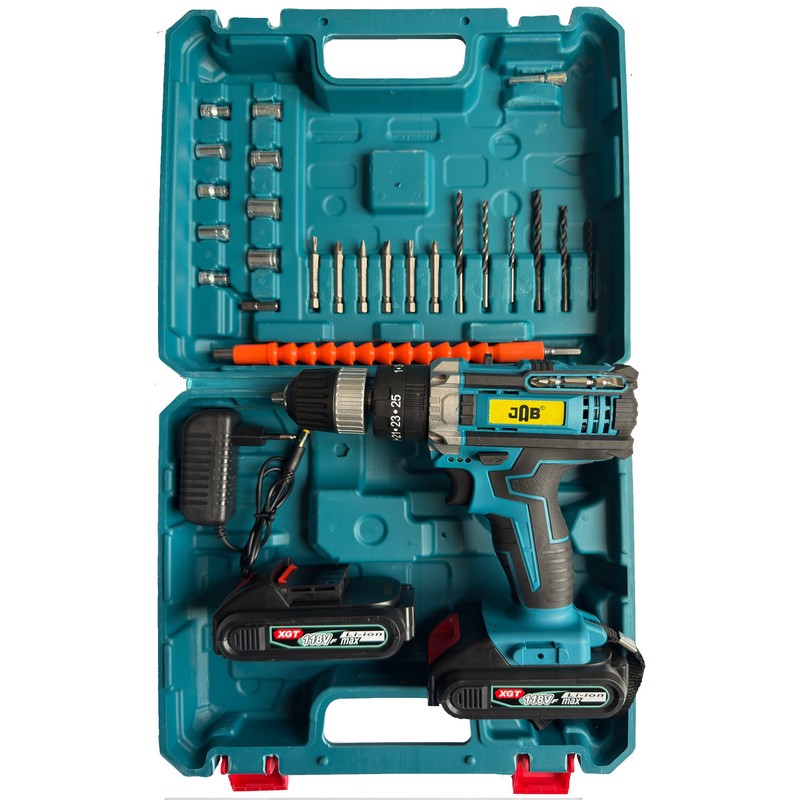 دریل پیچ گوشتی شارژی چکشی سه نظام 10 میلیمتر 118 ولت جاب مدل JB-118 MAX EDITION مجموعه 40 عددی