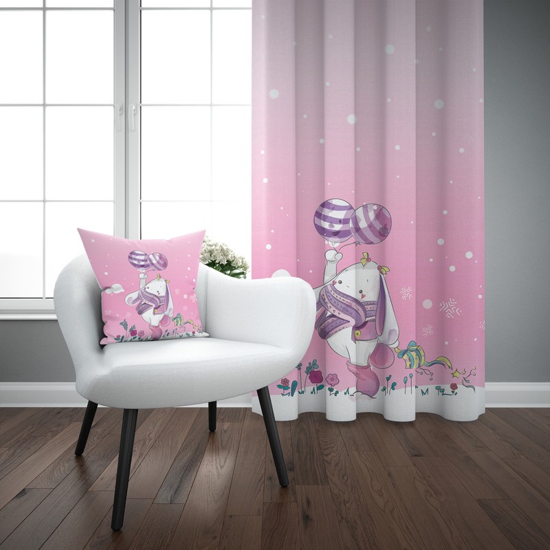 پرده مدل اتاق کودک طرح دخترانه خرگوش پرنده کهشانی سایز 140x280 سانتی متر