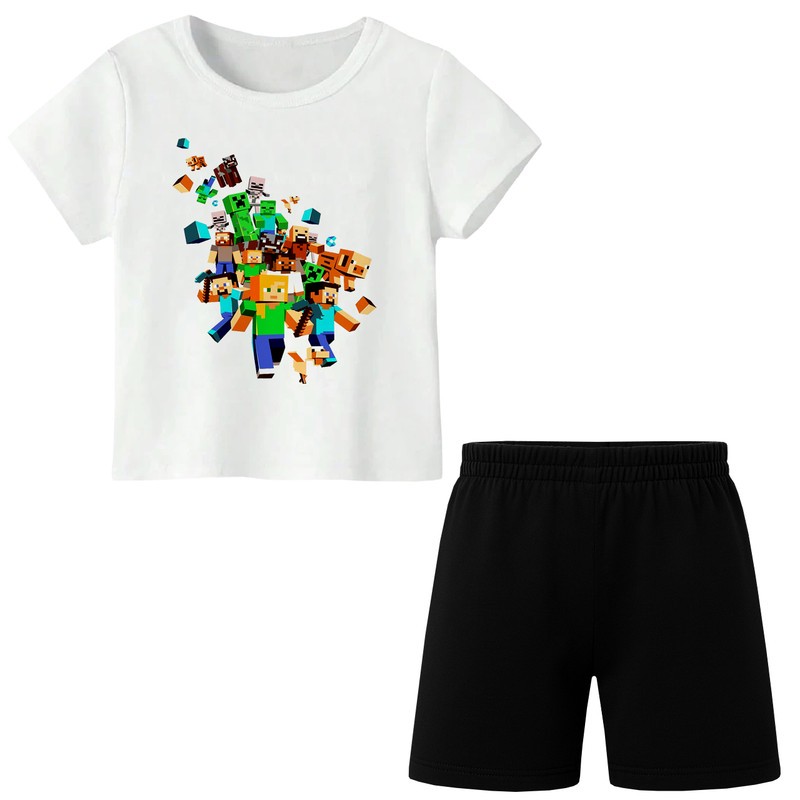 ست تیشرت آستین کوتاه و شلوارک راحتی پسرانه مدل S25 طرح ماینکرفت